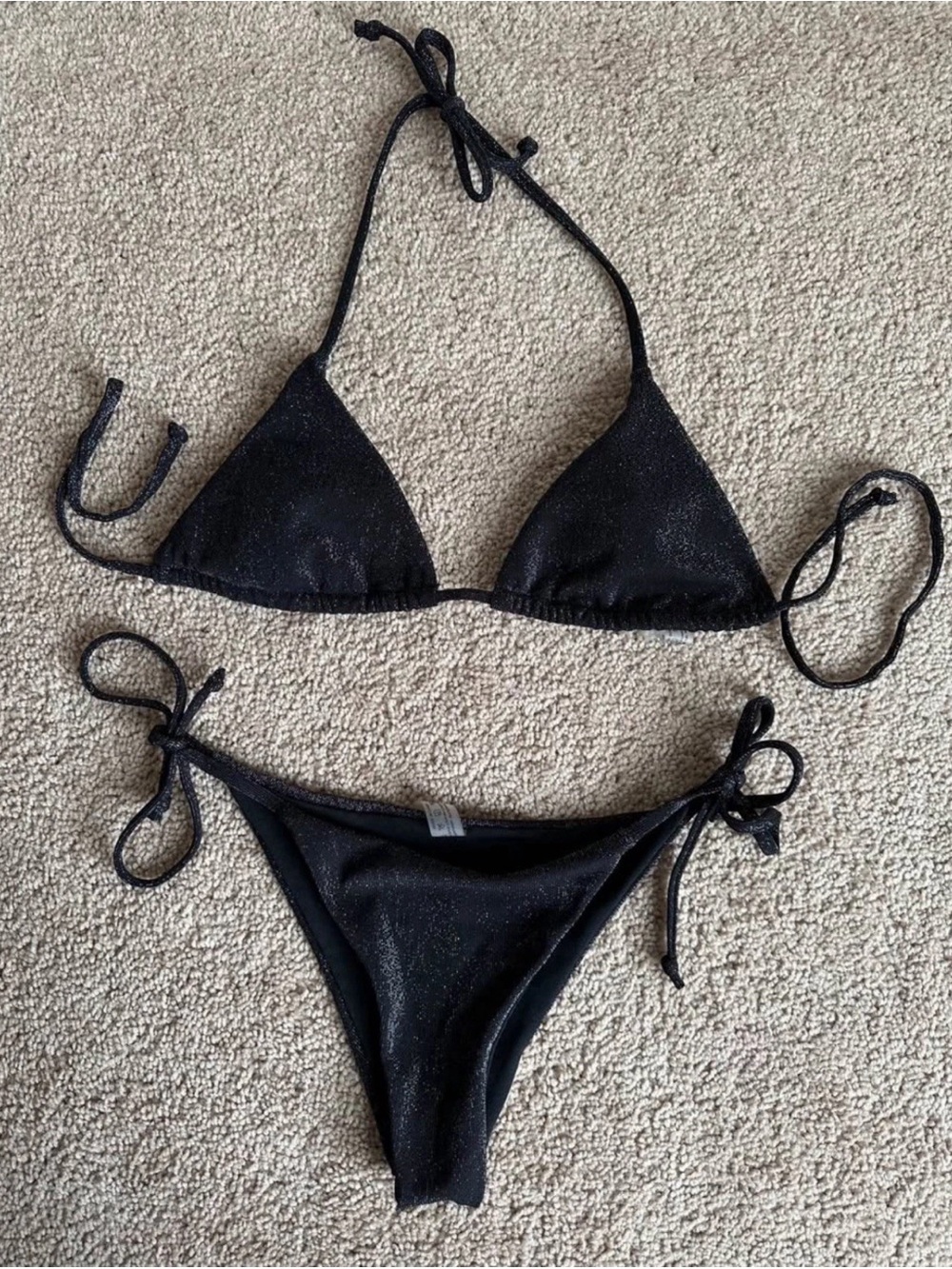 NWOT SHEIN Black Shimmer Tie-Side Triangle Bikini Top & Bottom Set Women S Swim